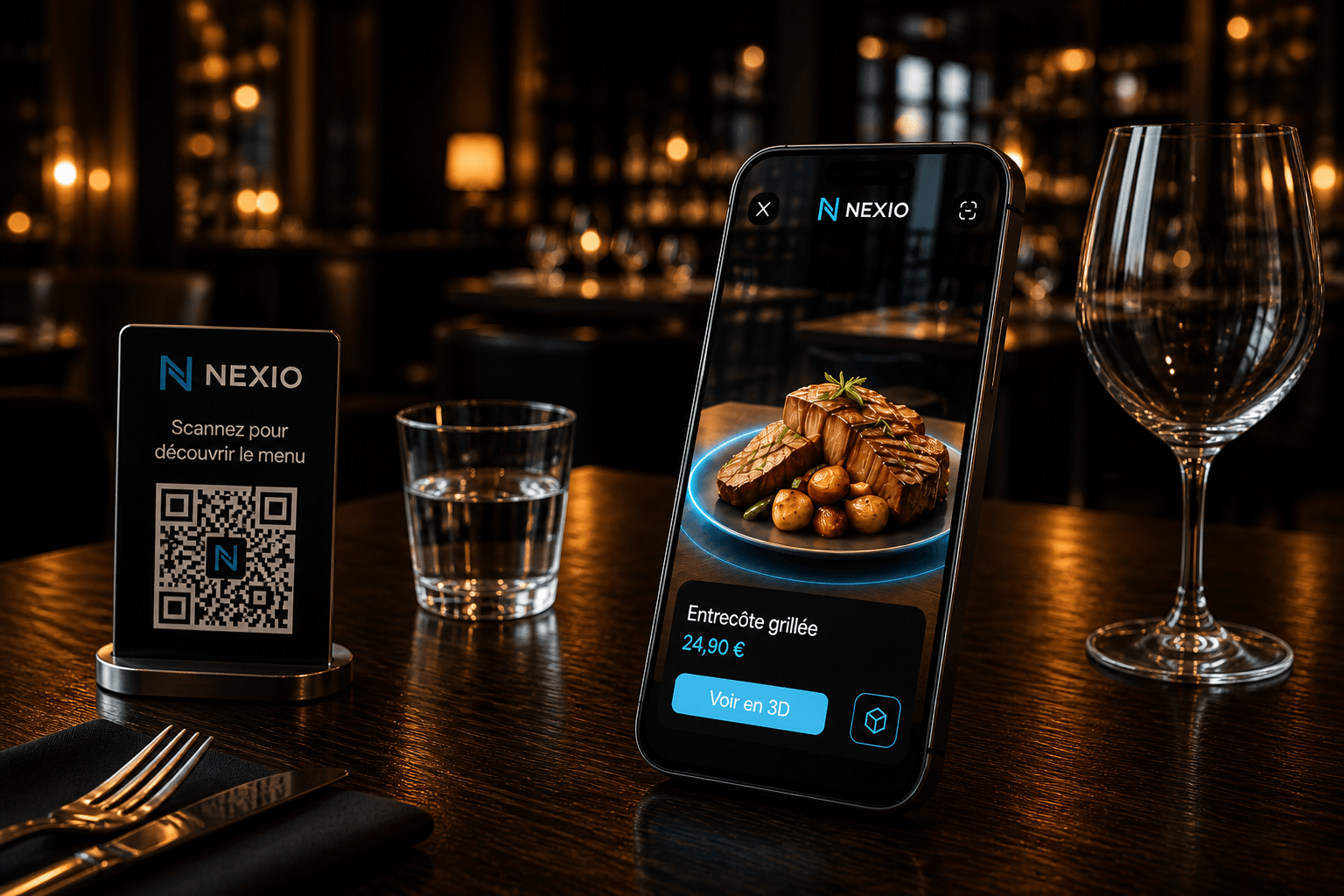 Nexio — menu AR sur smartphone en restaurant